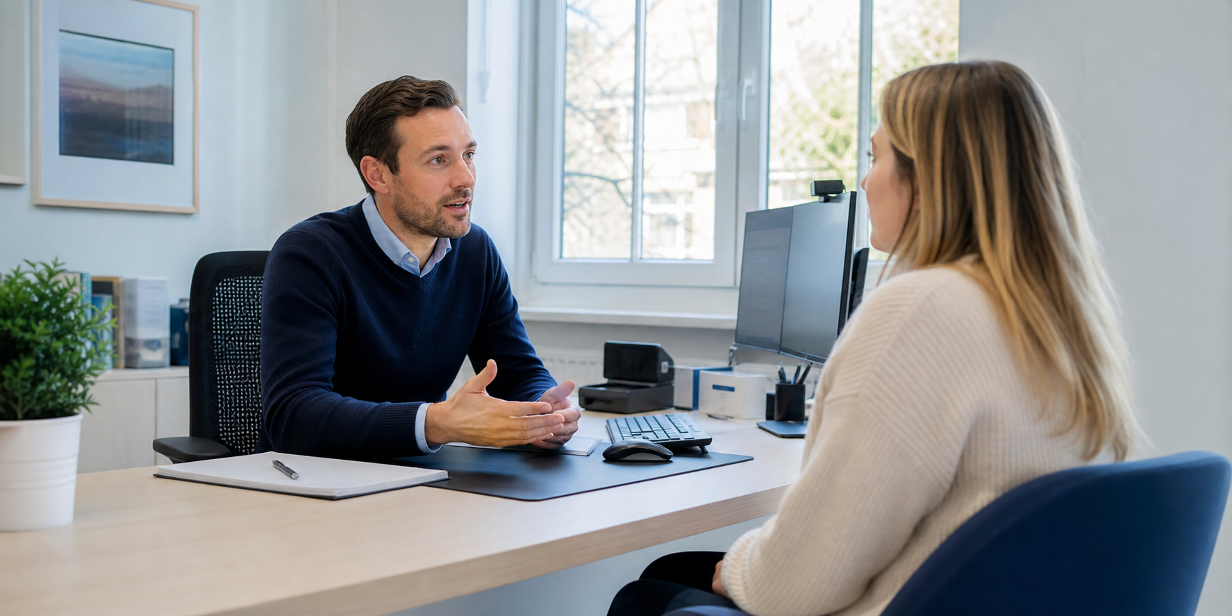 GP speaking with a patient at a professional desk